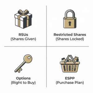 Four-quadrant infographic illustrating equity compensation types: top left shows a gift box labeled “RSUs (Shares Given),” top right shows a padlock labeled “Restricted Shares (Shares Locked),” bottom left shows a key labeled “Options (Right to Buy),” and bottom right shows a shopping basket labeled “ESPP (Purchase Plan).” Icons are in gold, black, and grey on a light background.