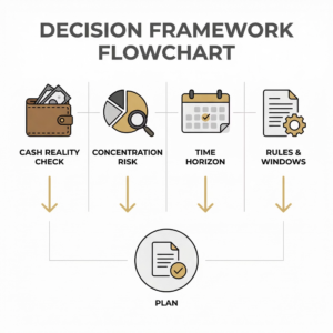 Infographic titled “Decision Framework Flowchart” showing four steps across the top—“Cash Reality Check” (wallet icon), “Concentration Risk” (pie chart with magnifying glass), “Time Horizon” (calendar icon), and “Rules & Windows” (document with gear)—each with arrows pointing downward to a final circle labeled “Plan” with a document and checkmark icon. Gold, black, and grey color scheme on a light background.