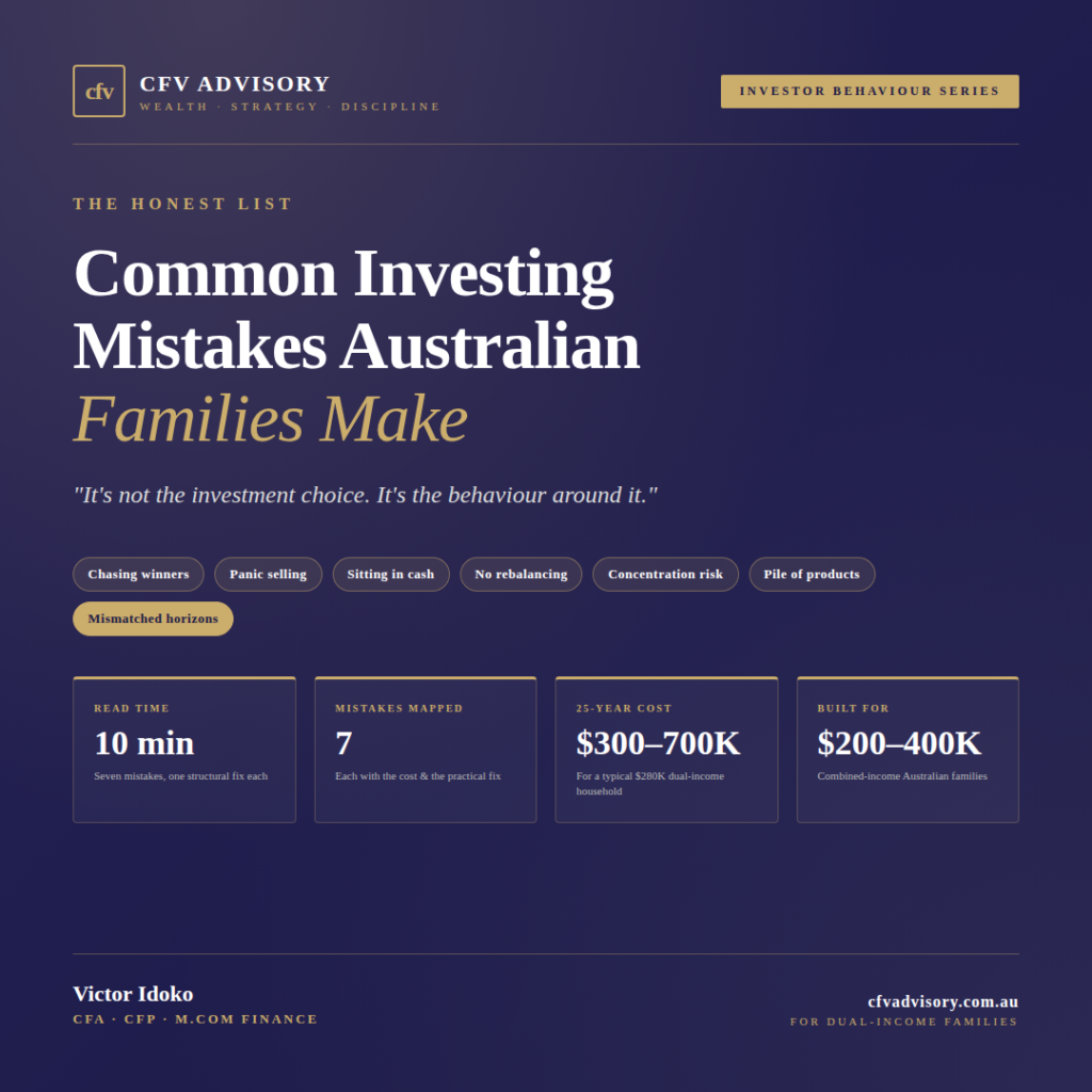 Common investing mistakes Australian families make behaviour gap CFV Advisory financial planning Australia graphic