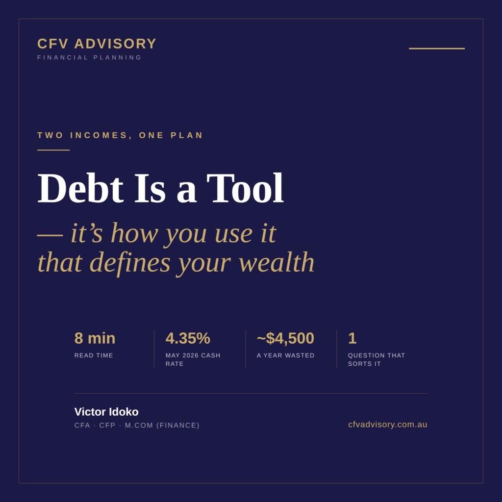 CFV Advisory financial planning graphic titled "Debt Is a Tool — It's How You Use It That Defines Your Wealth", discussing the role of debt in wealth creation for Australian dual-income households. The design highlights debt as a strategic financial tool rather than something to fear or avoid.