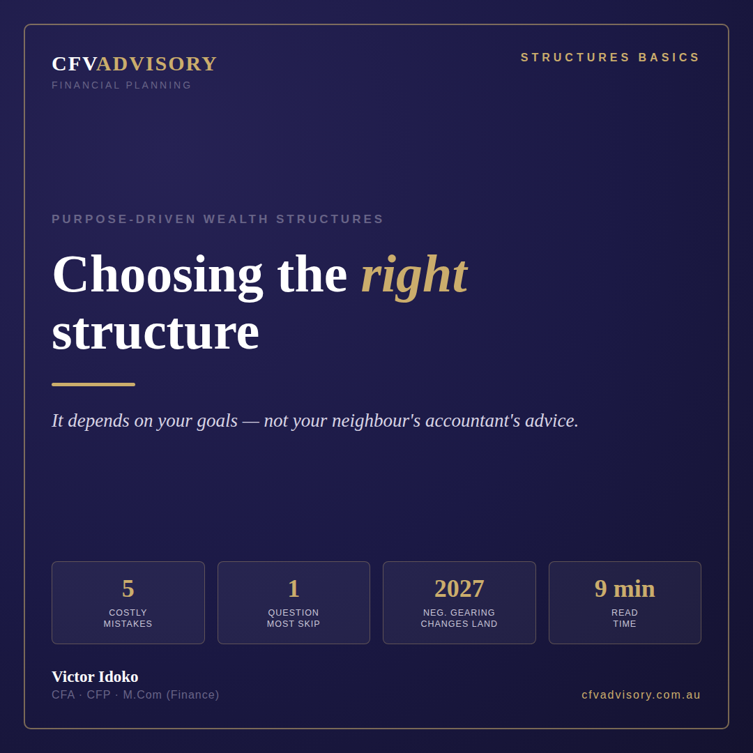 Family wealth structures explained by Victor Idoko, CFV Advisory — trust, company and super compared, 15% super rate vs 47% personal