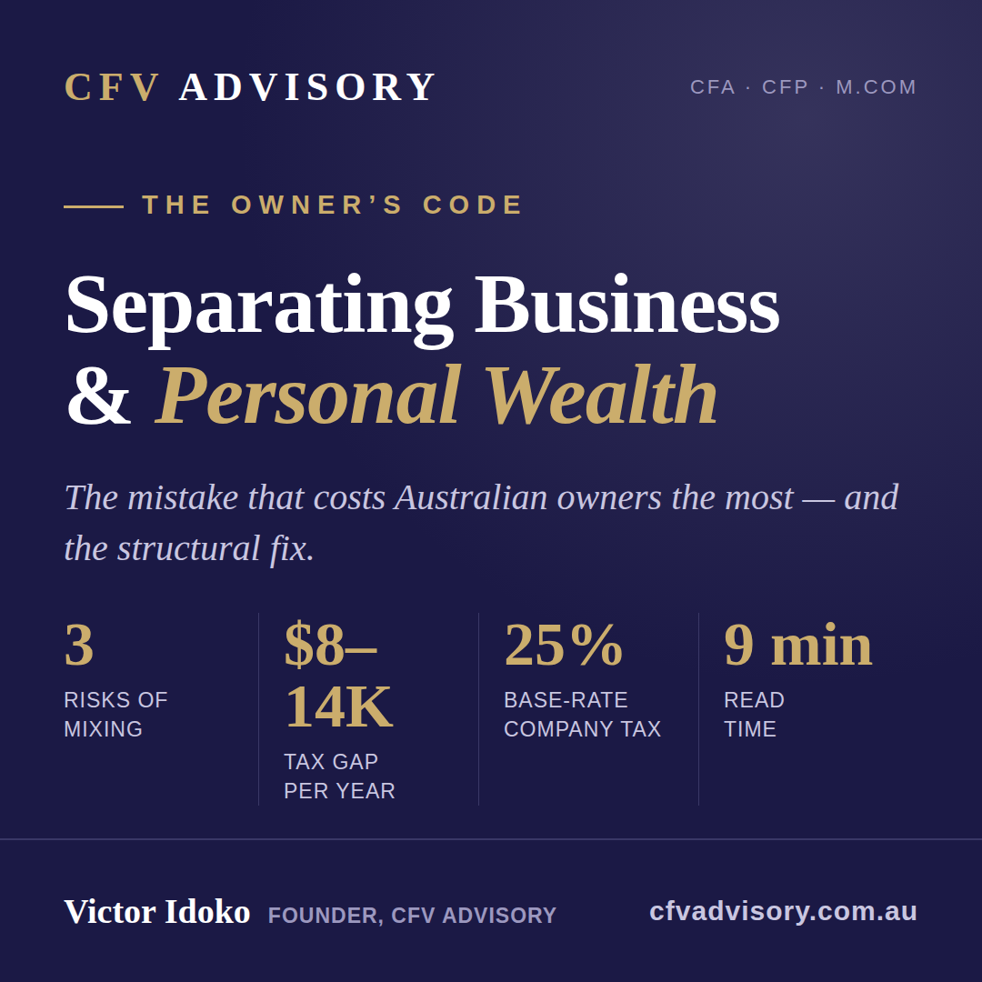 Separating business and personal wealth — CFV Advisory guide by Victor Idoko showing the three risks of mixing for Australian business owners