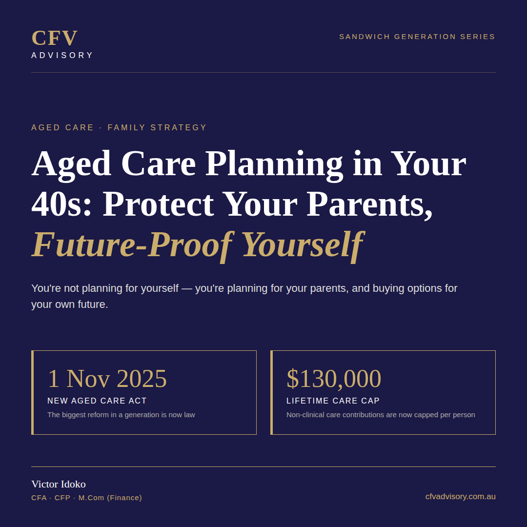 Aged care planning guide by Victor Idoko, CFV Advisory — new Aged Care Act from 1 Nov 2025 and the $130,000 lifetime care cap for families in their 40s