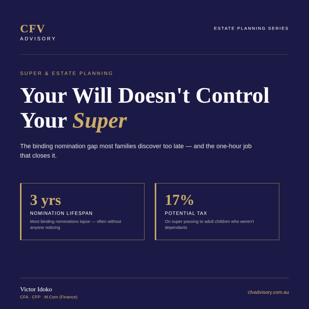 Binding death benefit nomination explained by Victor Idoko, CFV Advisory — why your will doesn't control your super, the 3-year lapse rule and 17% tax risk