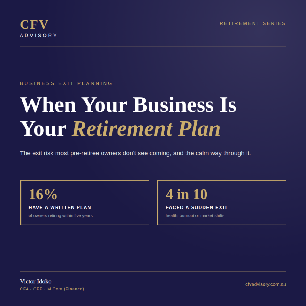 Business exit planning for pre-retirees: When Your Business Is Your Retirement Plan by Victor Idoko, CFV Advisory. Only 16% of retiring owners have a written plan.