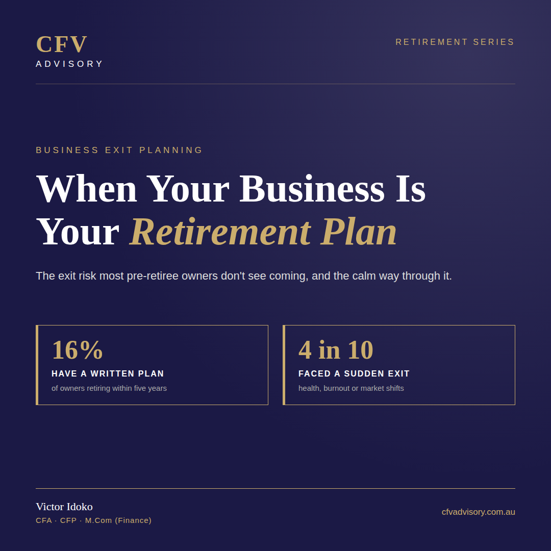 Business exit planning for pre-retirees: When Your Business Is Your Retirement Plan by Victor Idoko, CFV Advisory. Only 16% of retiring owners have a written plan.
